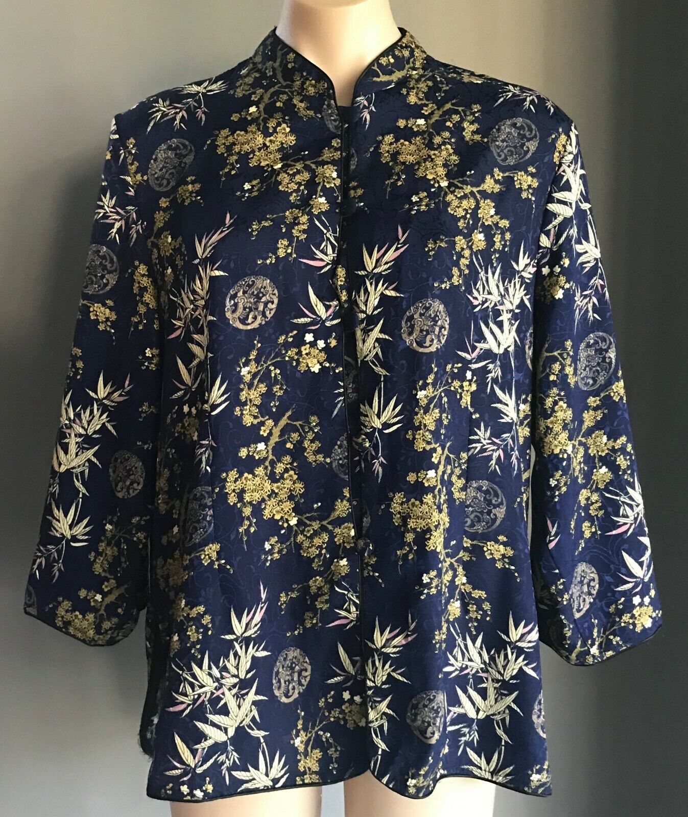 CHANGSHAN Jacket Navy Pink & Gold Oriental Print Lightweight Ladies Size 14  16