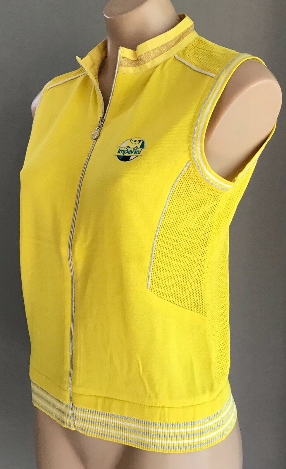 IMPERIAL HYBRID CASUAL SPORTS Knit Top Yellow & Net Sleeveless Zip Size 95 AU 12