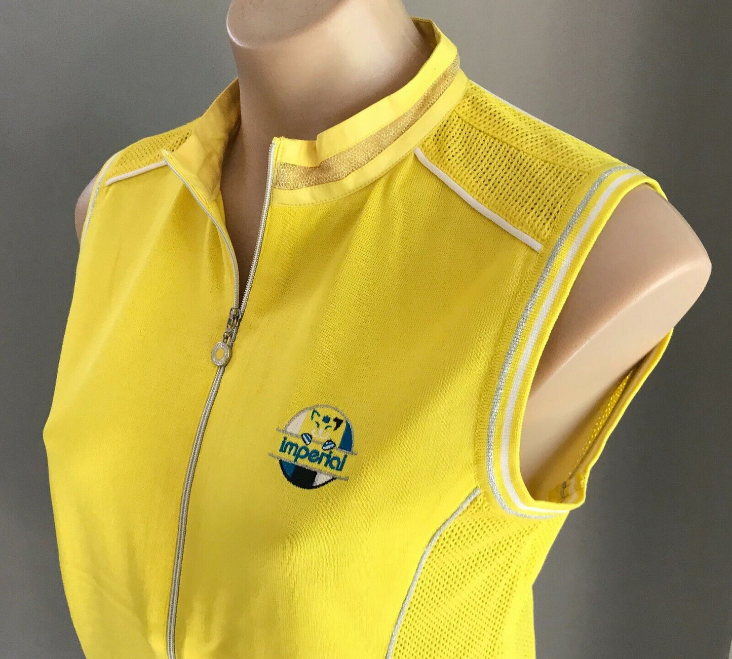IMPERIAL HYBRID CASUAL SPORTS Knit Top Yellow & Net Sleeveless Zip Size 95 AU 12