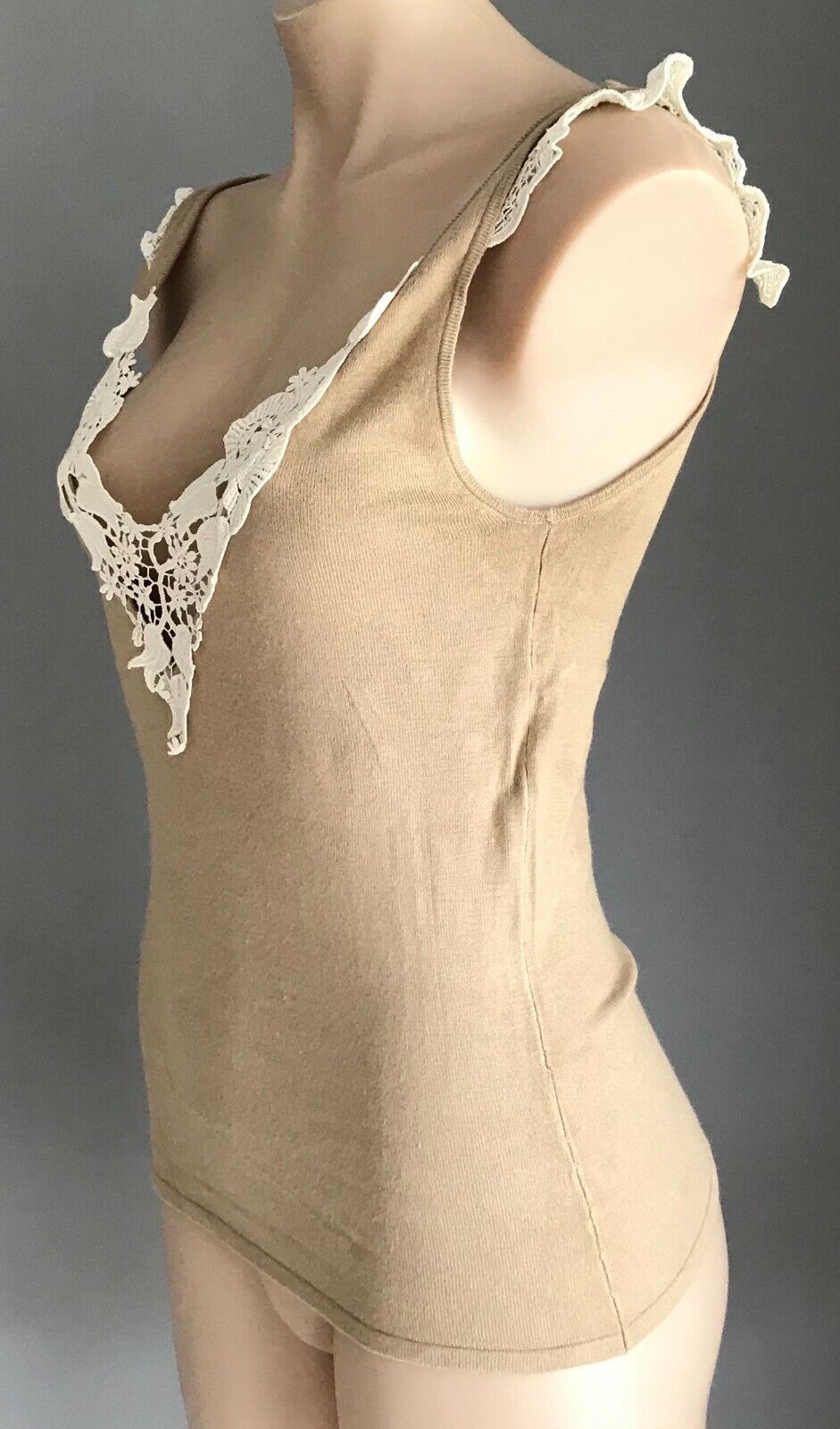PINKY & JAC Cami Top Light Brown & Off White Lace Trim Camisole Size S 10 NEW