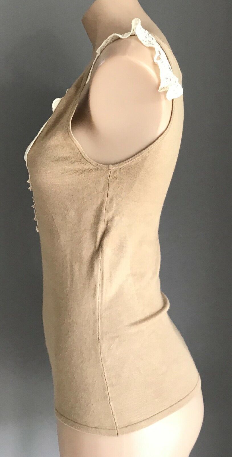 PINKY & JAC Cami Top Light Brown & Off White Lace Trim Camisole Size S 10 NEW