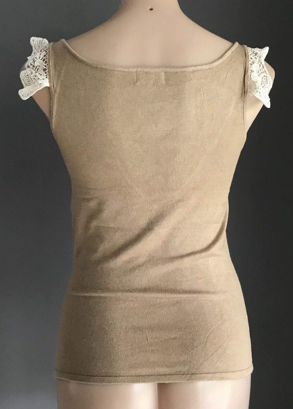 PINKY & JAC Cami Top Light Brown & Off White Lace Trim Camisole Size S 10 NEW