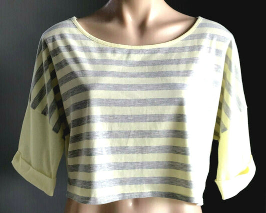JUST JEANS Crop Top Pale Yellow & Grey Stripe Short Sleeve Size S 10