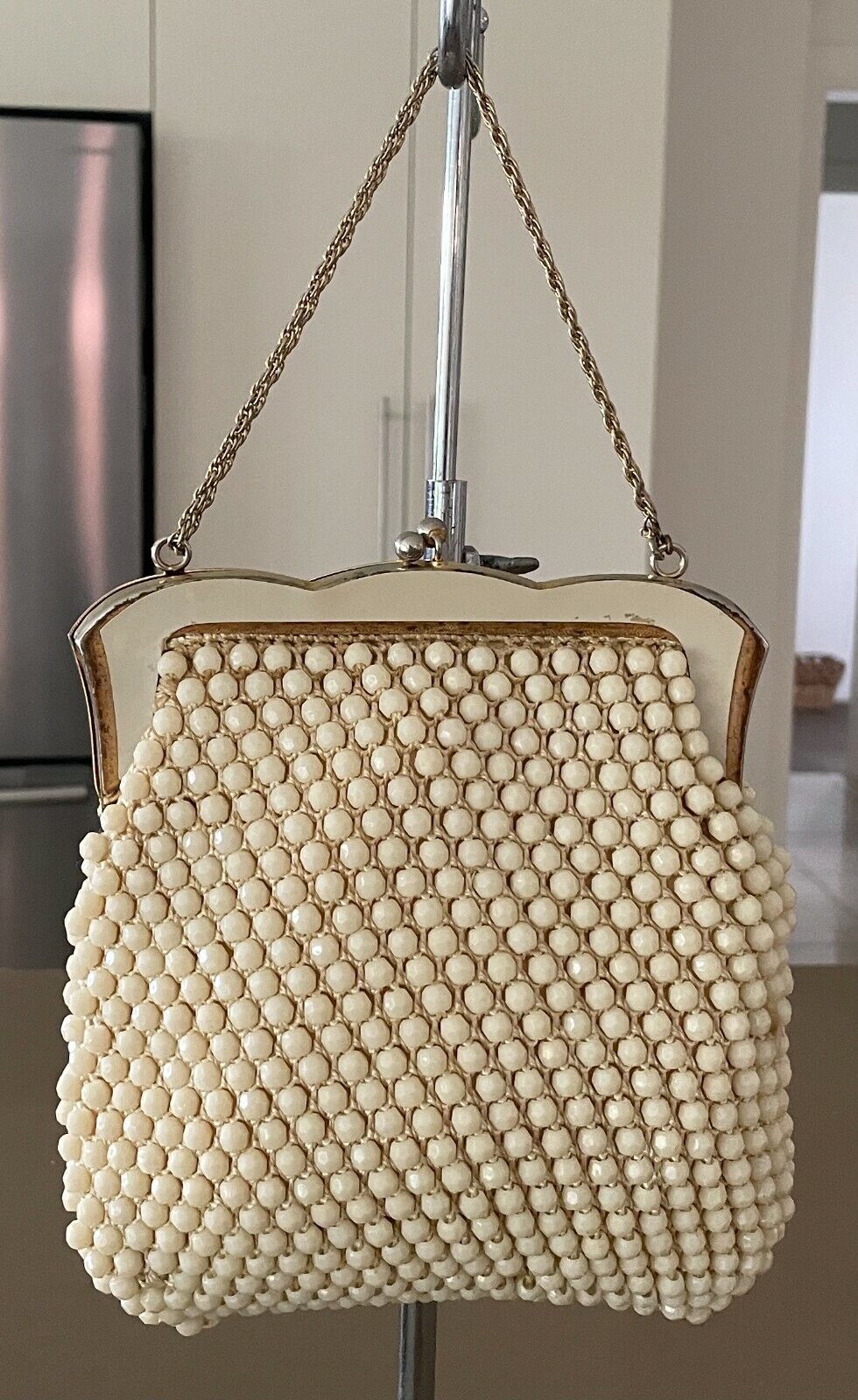 Evening Bag Cream Bead Purse Short Chain Metal Ornate Frame HandBag Vintage