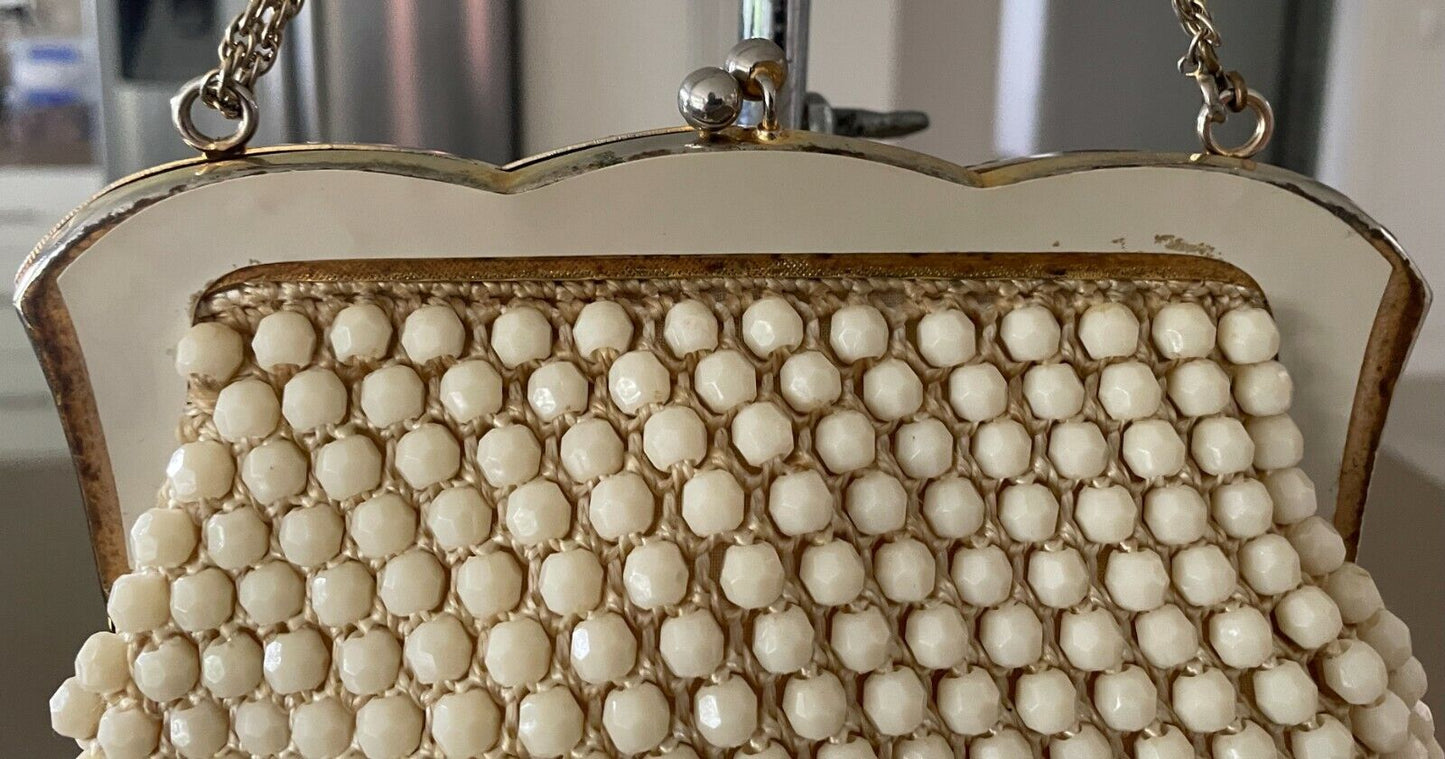 Evening Bag Cream Bead Purse Short Chain Metal Ornate Frame HandBag Vintage