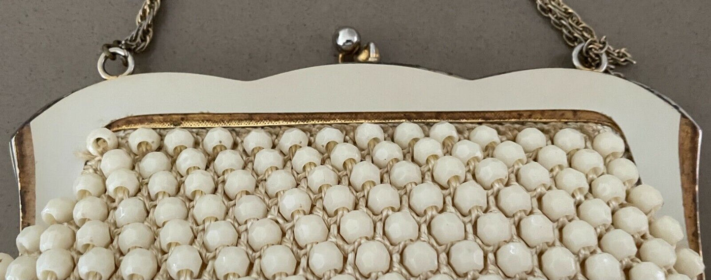 Evening Bag Cream Bead Purse Short Chain Metal Ornate Frame HandBag Vintage