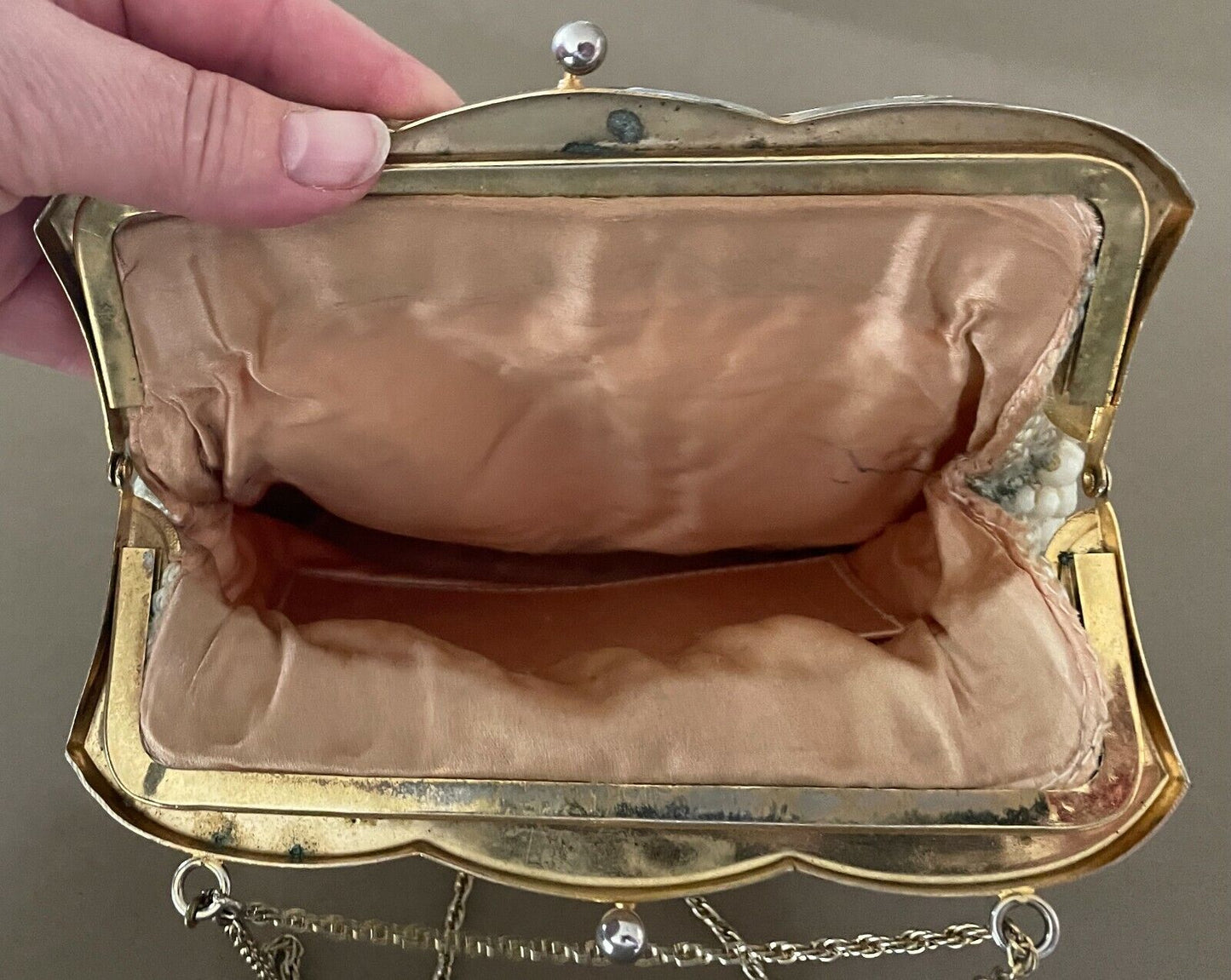 Evening Bag Cream Bead Purse Short Chain Metal Ornate Frame HandBag Vintage