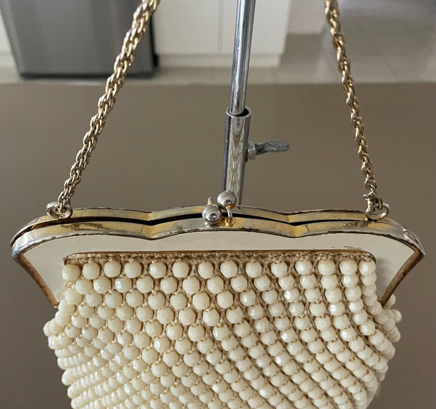 Evening Bag Cream Bead Purse Short Chain Metal Ornate Frame HandBag Vintage
