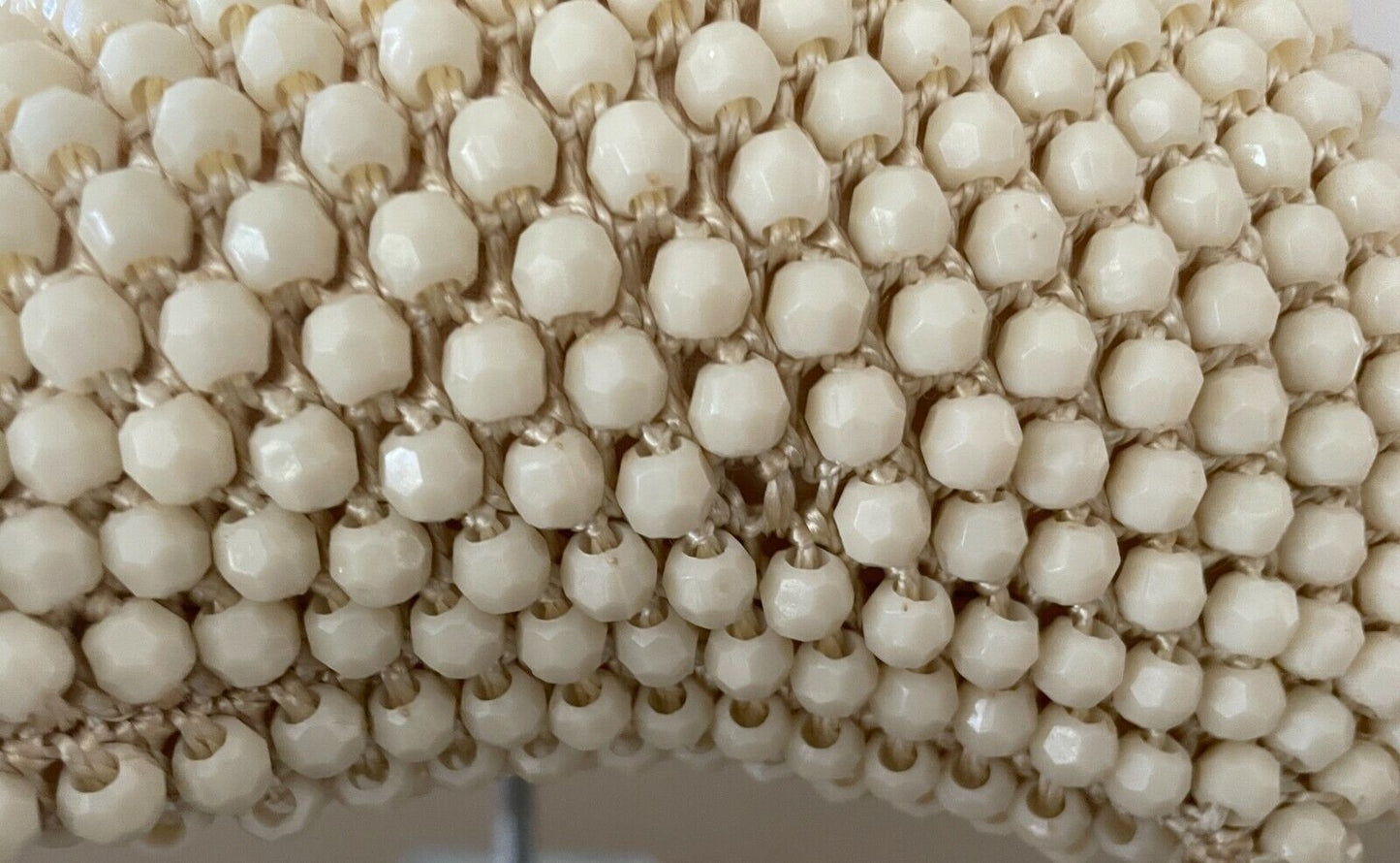 Evening Bag Cream Bead Purse Short Chain Metal Ornate Frame HandBag Vintage