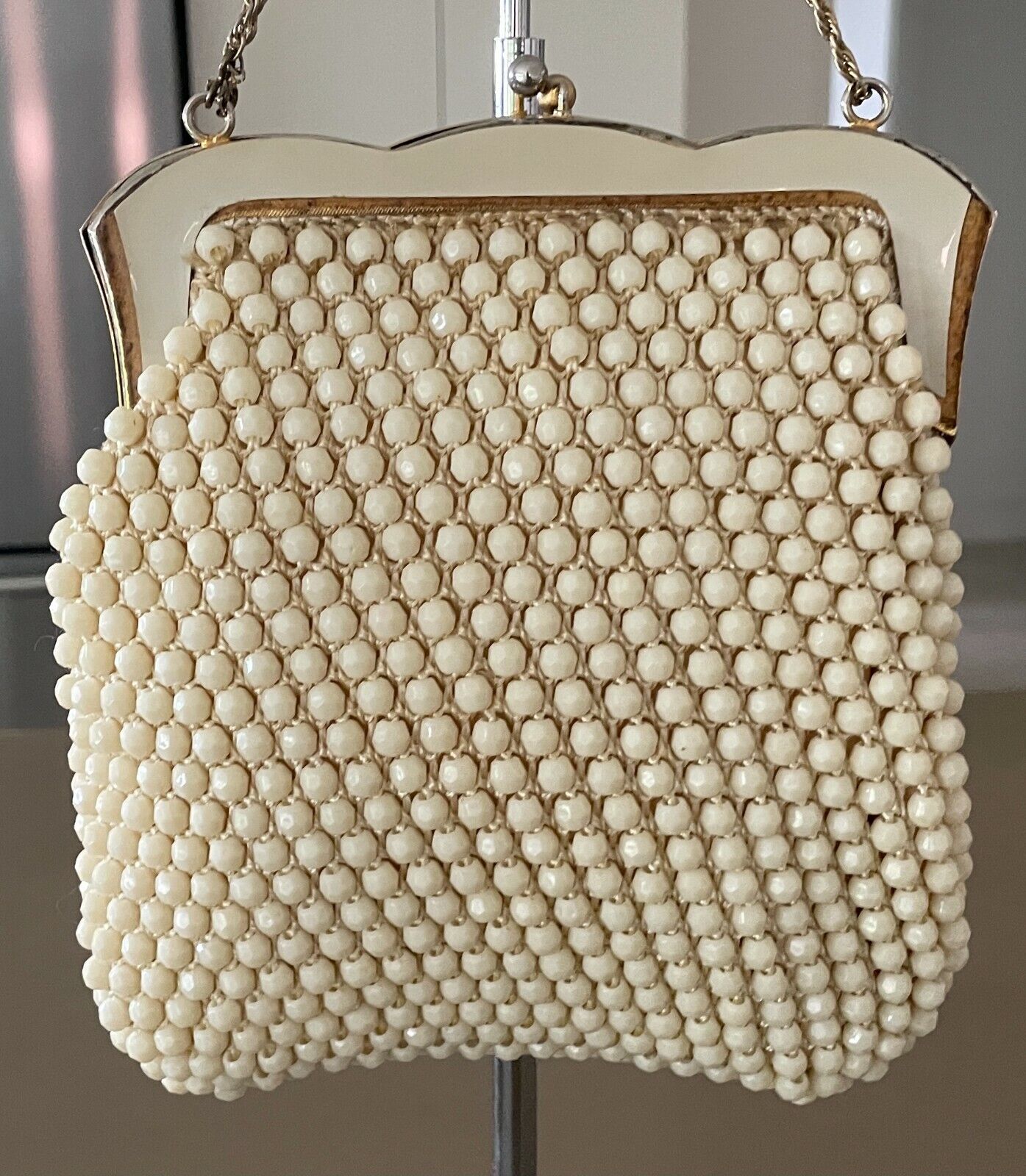 Evening Bag Cream Bead Purse Short Chain Metal Ornate Frame HandBag Vintage