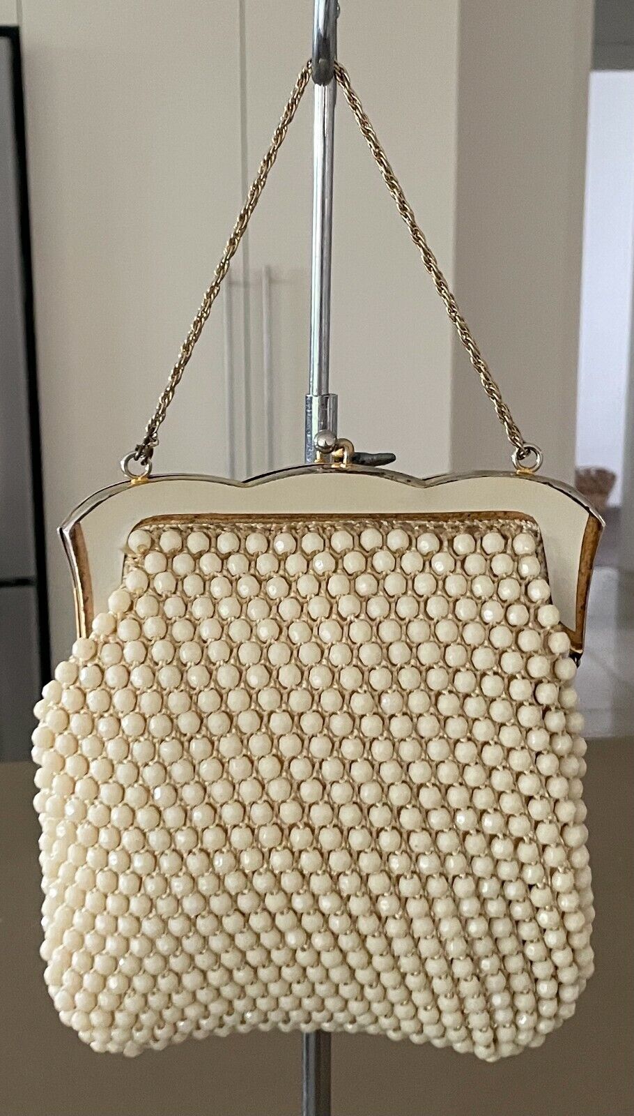 Evening Bag Cream Bead Purse Short Chain Metal Ornate Frame HandBag Vintage
