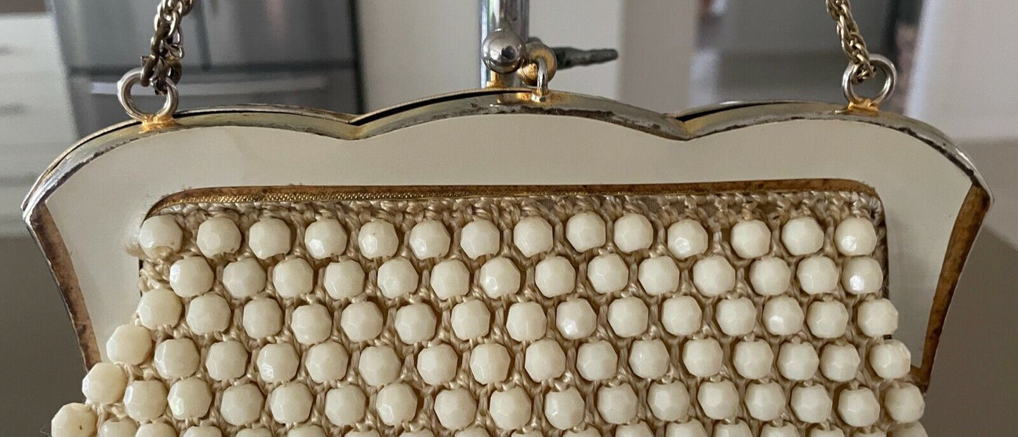Evening Bag Cream Bead Purse Short Chain Metal Ornate Frame HandBag Vintage