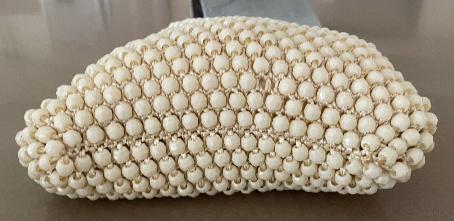 Evening Bag Cream Bead Purse Short Chain Metal Ornate Frame HandBag Vintage