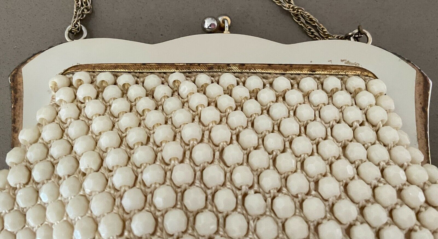 Evening Bag Cream Bead Purse Short Chain Metal Ornate Frame HandBag Vintage