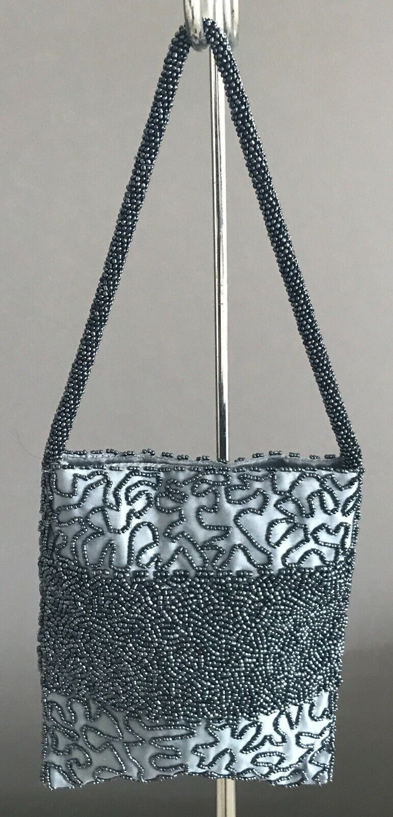 Evening Bag Blue & Pewter Colour Glass Satin Lined Beaded Short Strap Handbag