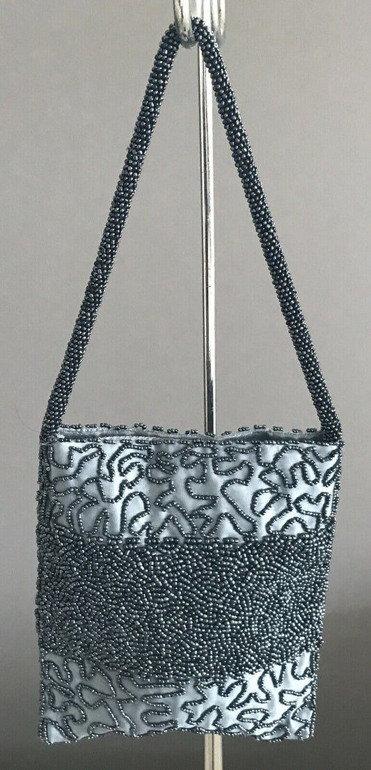 Evening Bag Blue & Pewter Colour Glass Satin Lined Beaded Short Strap Handbag