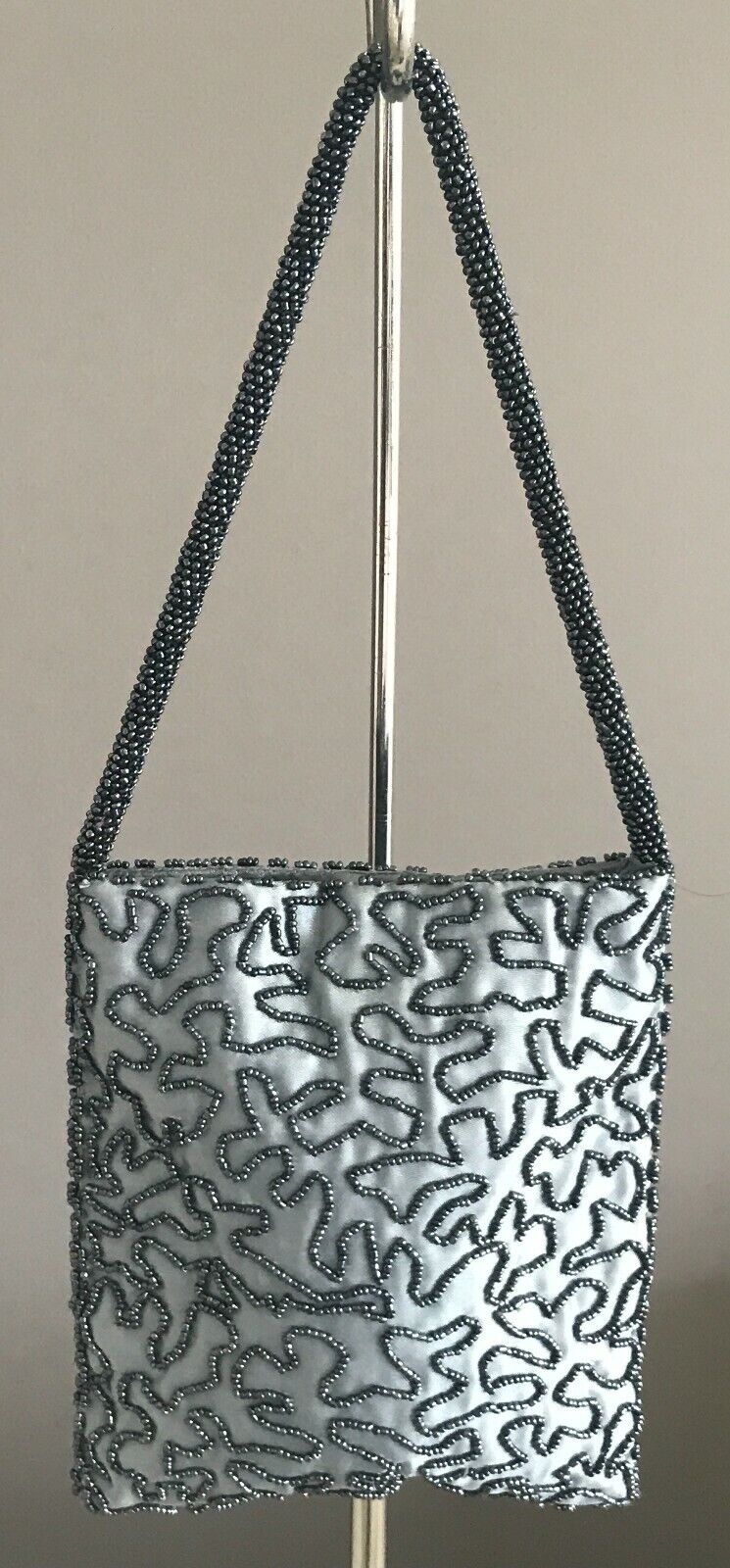 Evening Bag Blue & Pewter Colour Glass Satin Lined Beaded Short Strap Handbag
