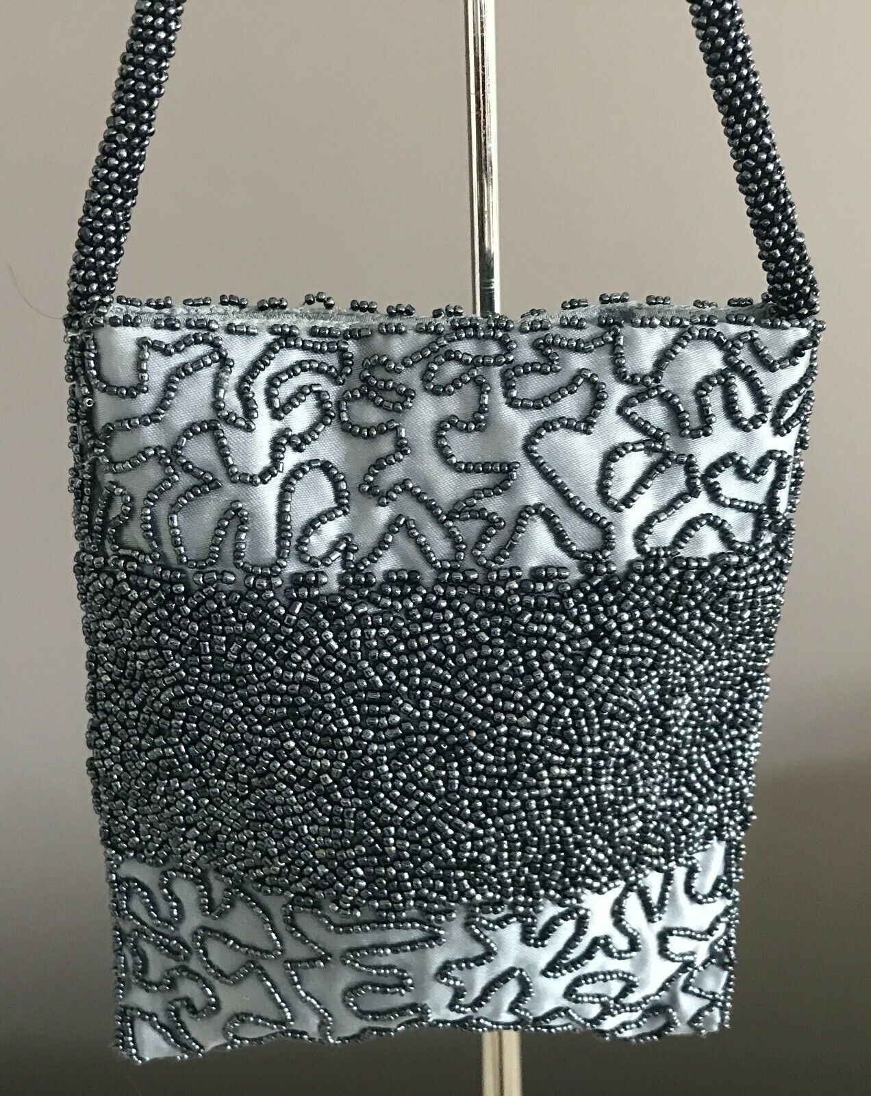 Evening Bag Blue & Pewter Colour Glass Satin Lined Beaded Short Strap Handbag