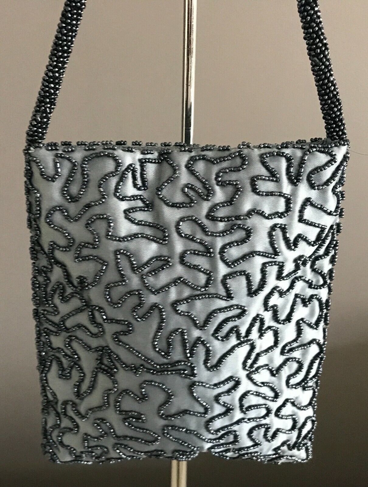 Evening Bag Blue & Pewter Colour Glass Satin Lined Beaded Short Strap Handbag