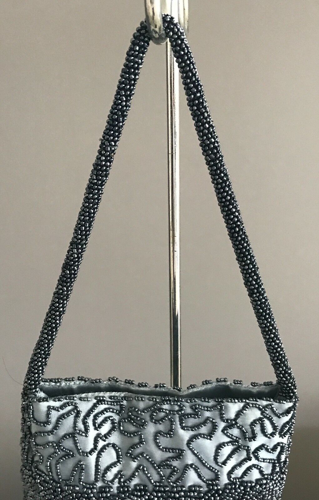 Evening Bag Blue & Pewter Colour Glass Satin Lined Beaded Short Strap Handbag
