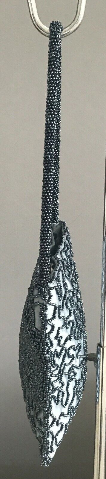 Evening Bag Blue & Pewter Colour Glass Satin Lined Beaded Short Strap Handbag