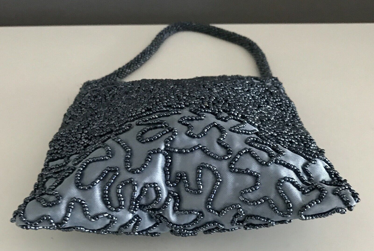 Evening Bag Blue & Pewter Colour Glass Satin Lined Beaded Short Strap Handbag