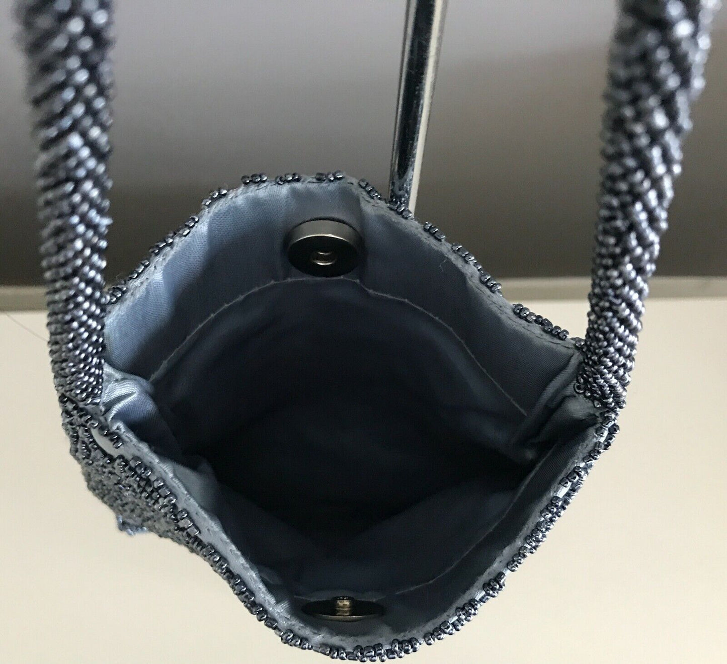 Evening Bag Blue & Pewter Colour Glass Satin Lined Beaded Short Strap Handbag