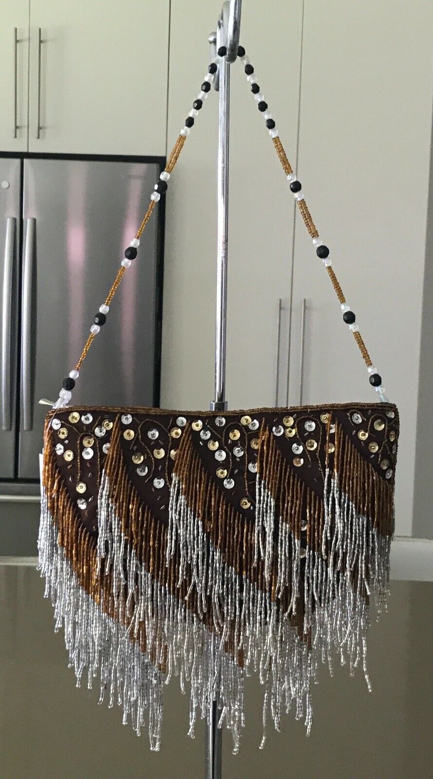 Evening Bag DIVA DOLLS Small Hanging Bead Strands & Sequin Trim Handbag NEW