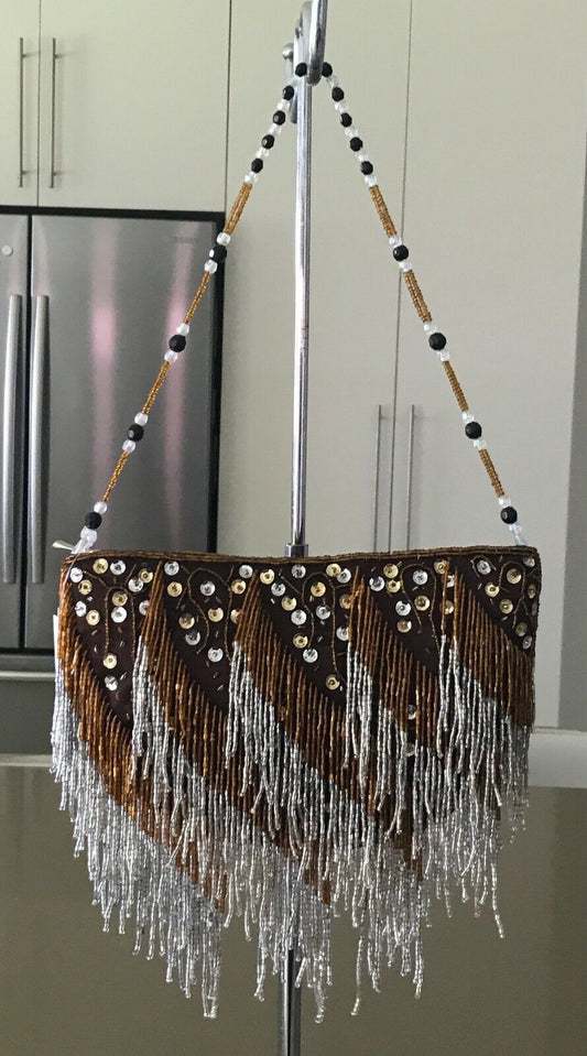 Evening Bag DIVA DOLLS Small Hanging Bead Strands & Sequin Trim Handbag NEW