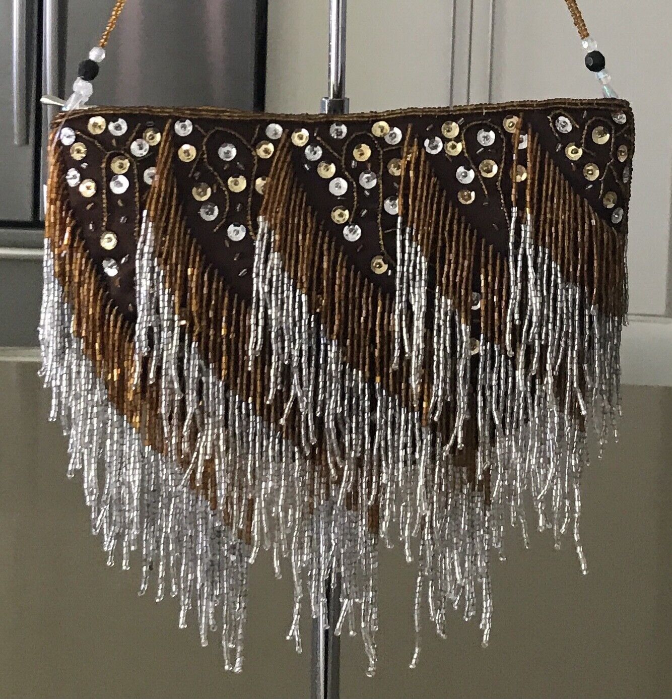 Evening Bag DIVA DOLLS Small Hanging Bead Strands & Sequin Trim Handbag NEW