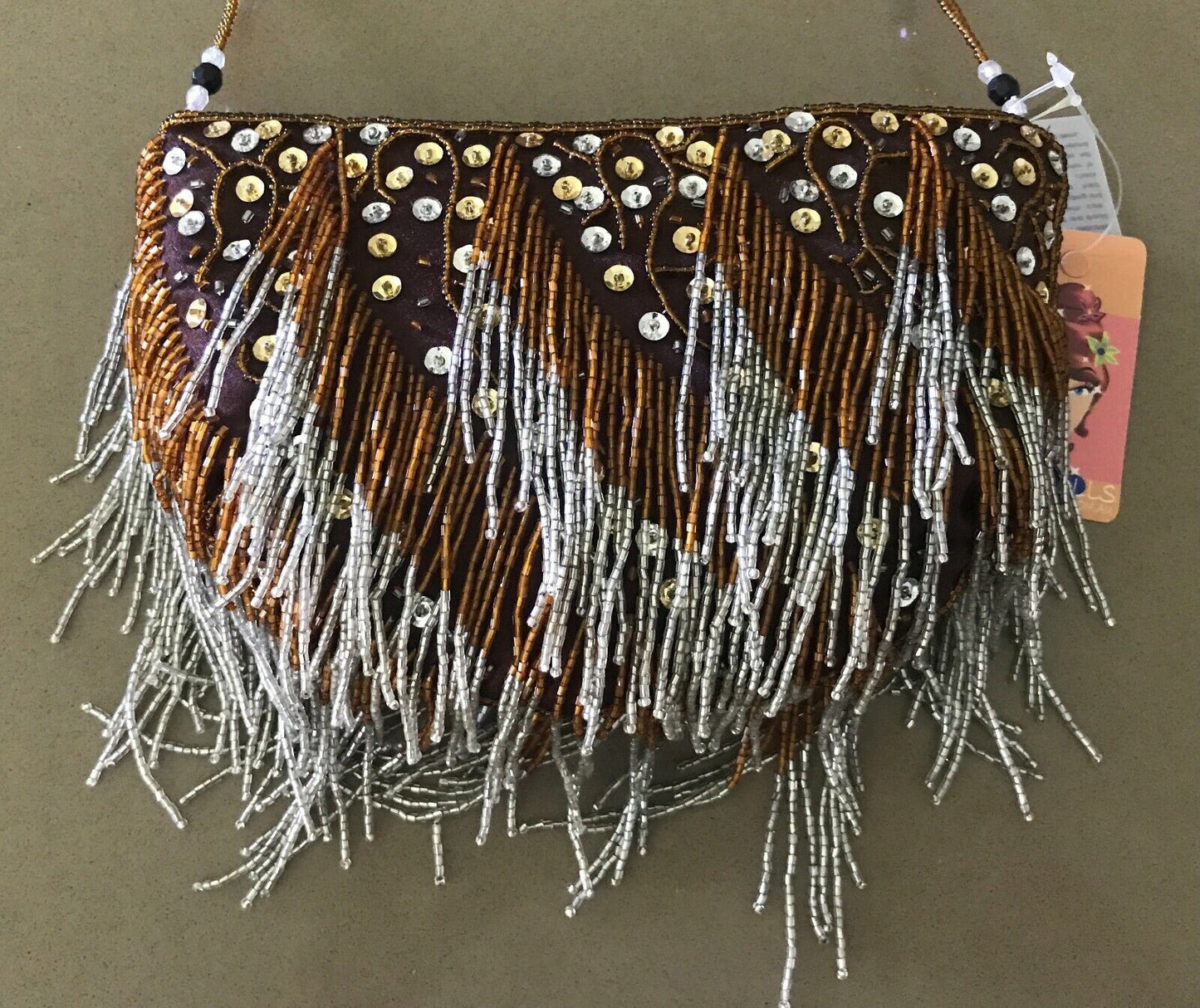 Evening Bag DIVA DOLLS Small Hanging Bead Strands & Sequin Trim Handbag NEW