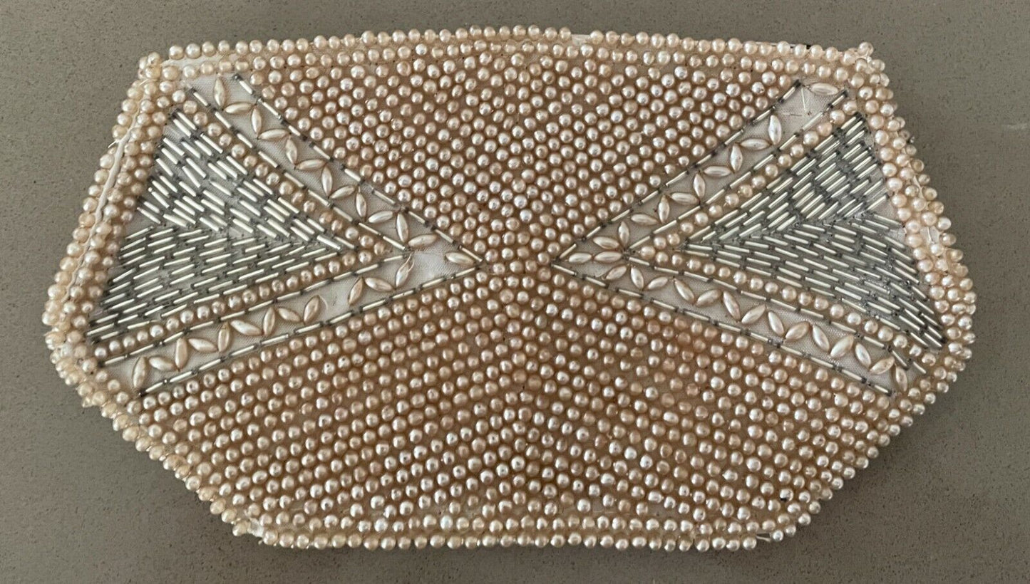 Evening Bag Purse Beaded Pale Gold & Silver Small  Handbag Clutch Purse Vintage