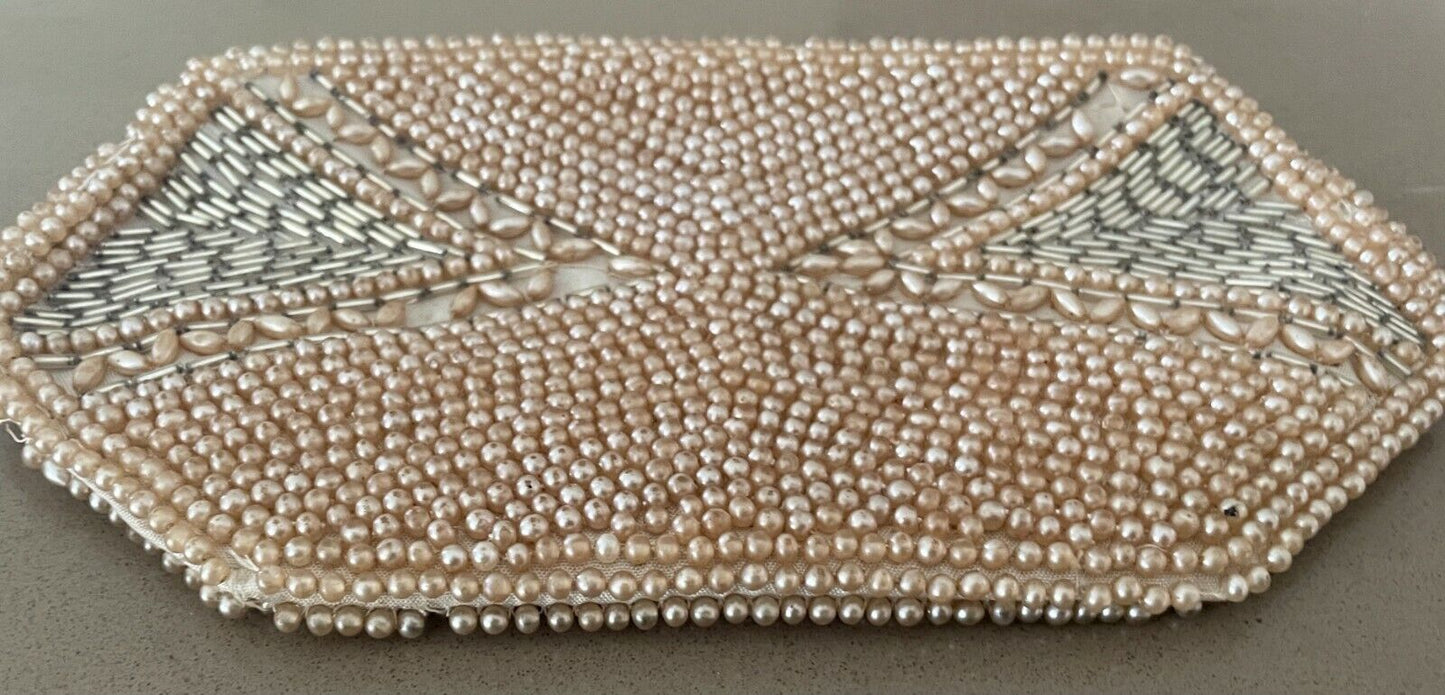 Evening Bag Purse Beaded Pale Gold & Silver Small  Handbag Clutch Purse Vintage