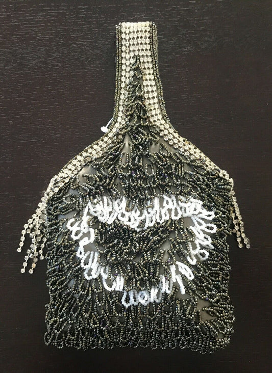 DIVA DOLLS Khaki White Fully Beaded Small HandBag Diamante Trim NEW Evening Bag