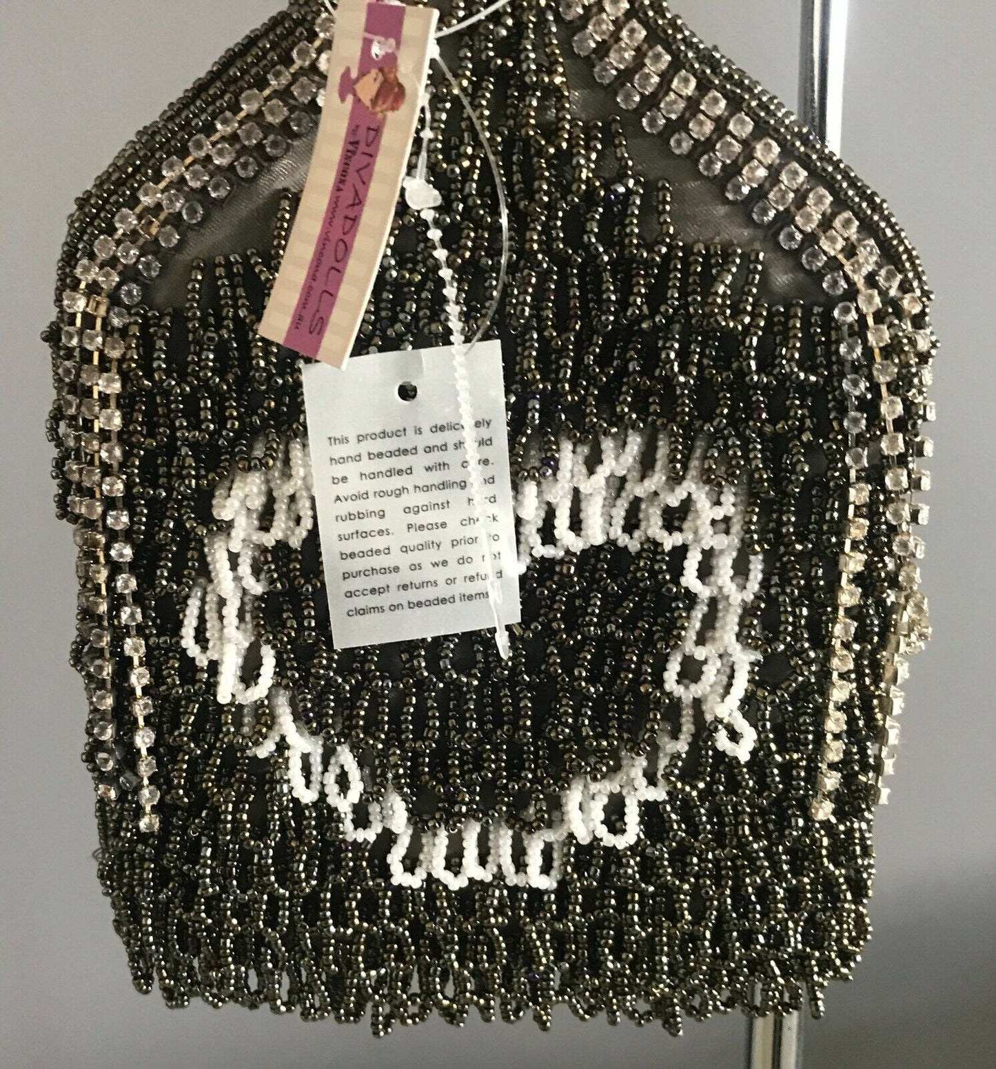 DIVA DOLLS Khaki White Fully Beaded Small HandBag Diamante Trim NEW Evening Bag