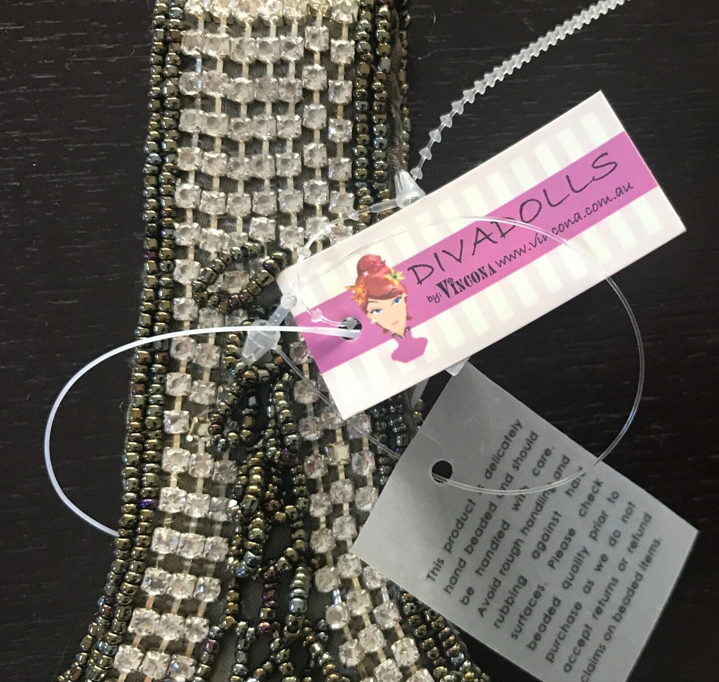 DIVA DOLLS Khaki White Fully Beaded Small HandBag Diamante Trim NEW Evening Bag