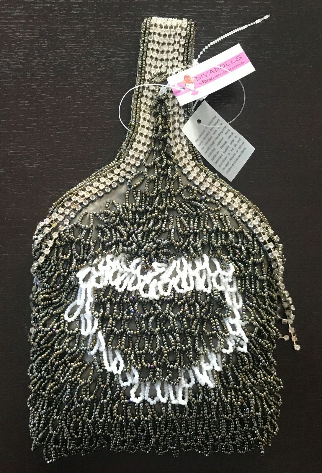 DIVA DOLLS Khaki White Fully Beaded Small HandBag Diamante Trim NEW Evening Bag