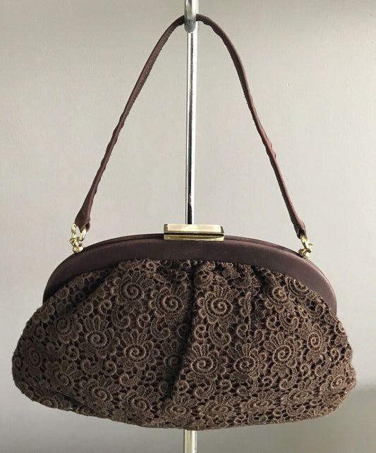 JACK EATON Bag Australian 1960's Ladies Brown Lace Frame HandBag Short Handle