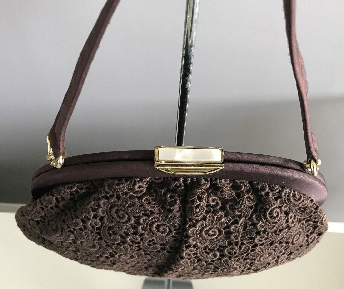 JACK EATON Bag Australian 1960's Ladies Brown Lace Frame HandBag Short Handle