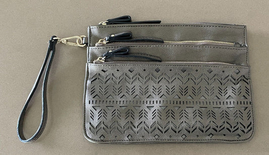 Laser Cut Bronze Pleather Cut Out Design Wrist Strap Clutch Bag Zip Pockets NEW