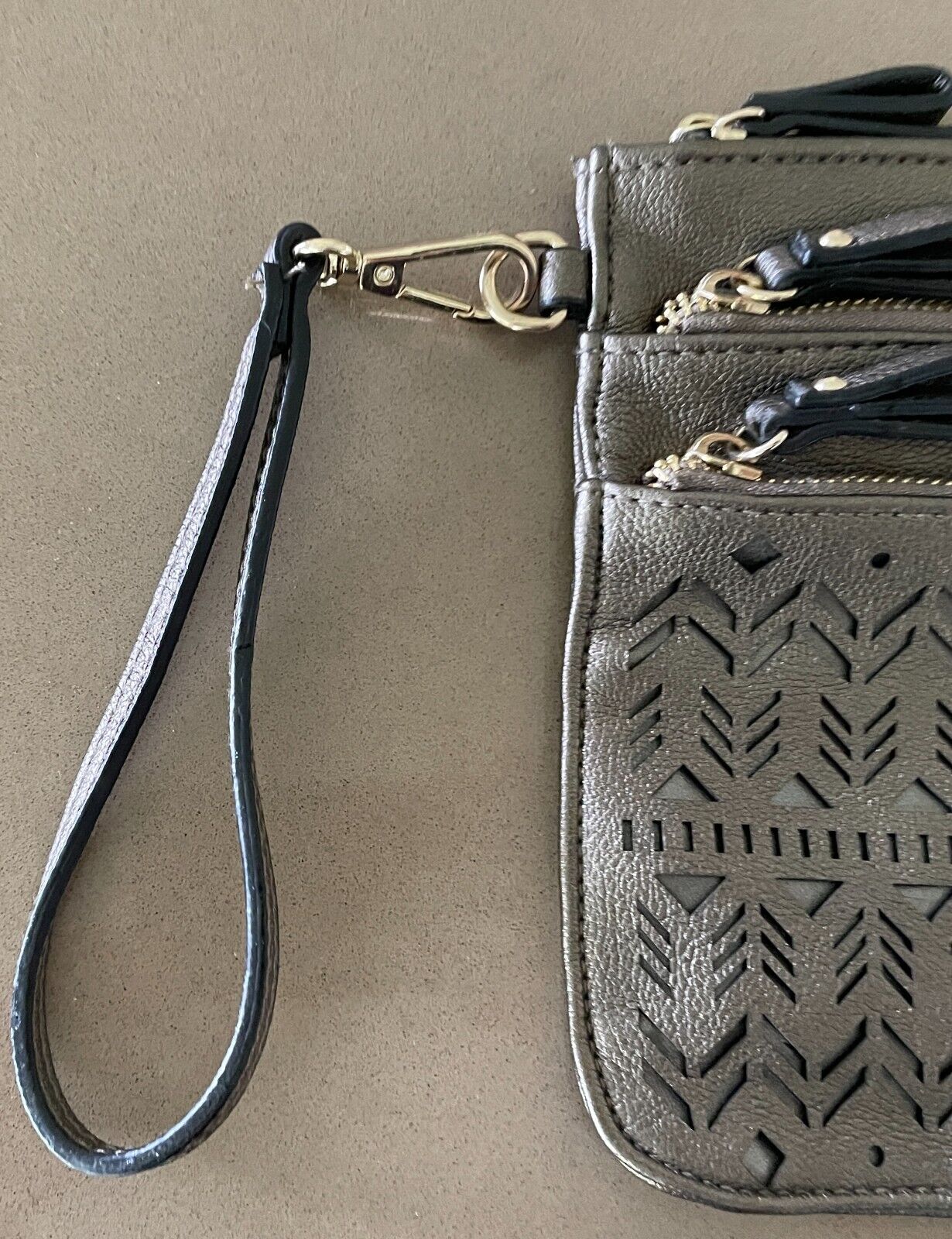 Laser Cut Bronze Pleather Cut Out Design Wrist Strap Clutch Bag Zip Pockets NEW