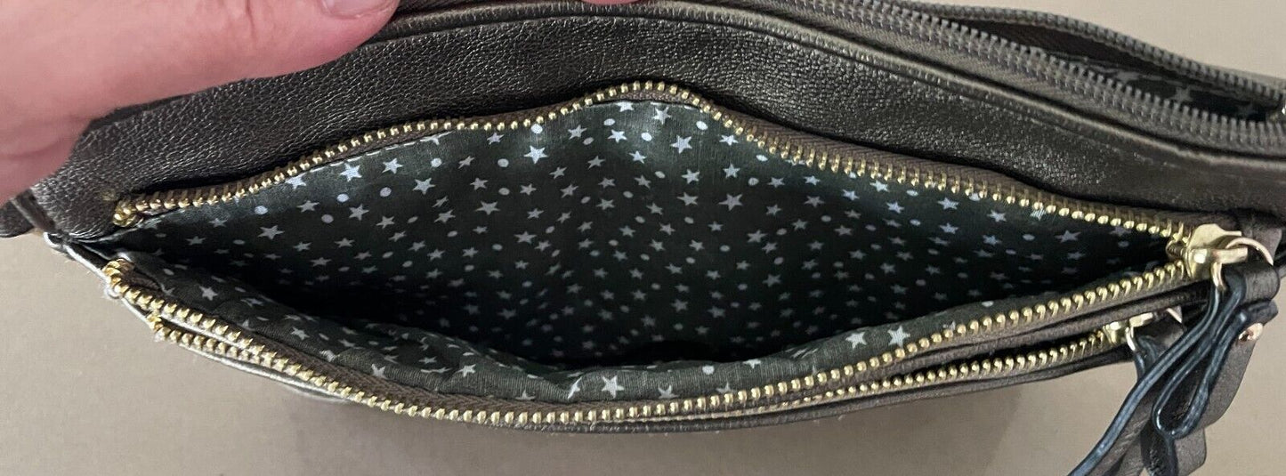 Laser Cut Bronze Pleather Cut Out Design Wrist Strap Clutch Bag Zip Pockets NEW