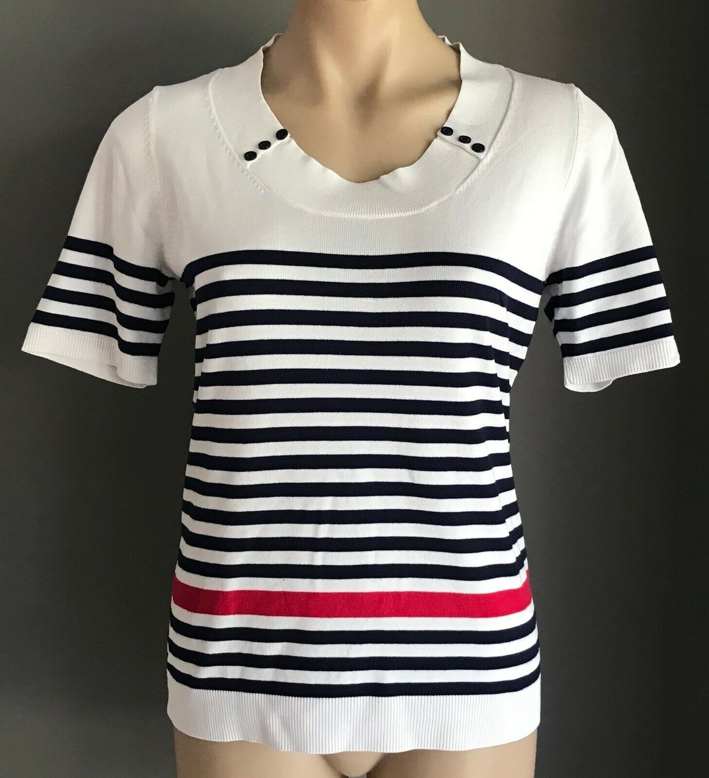 REGATTA Knit Top White Blue Red Stripe Short Sleeve Buttons Nautical 10 1970's