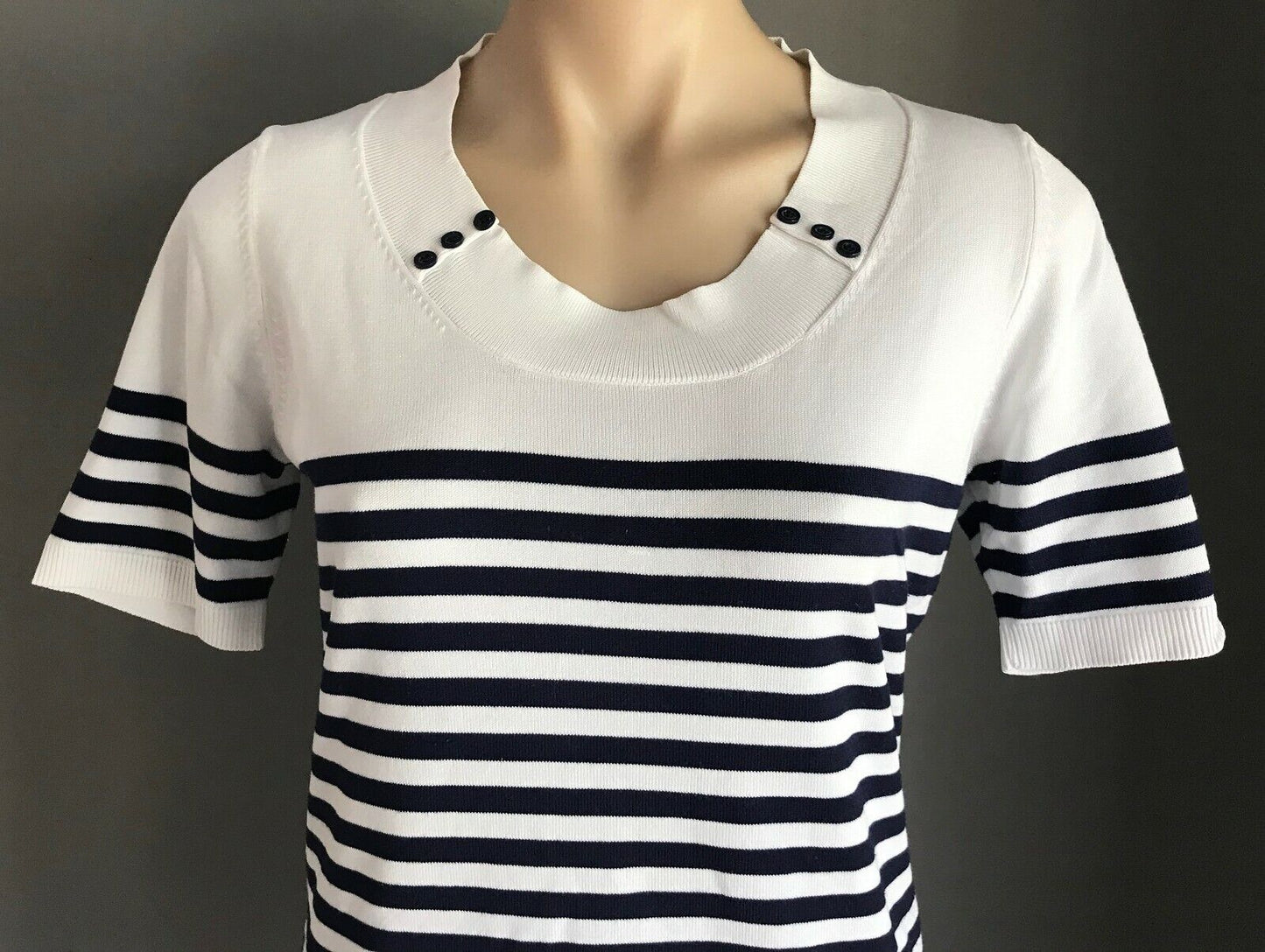 REGATTA Knit Top White Blue Red Stripe Short Sleeve Buttons Nautical 10 1970's