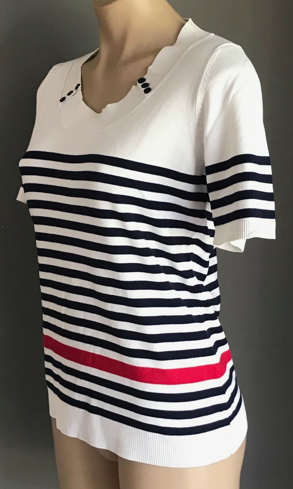REGATTA Knit Top White Blue Red Stripe Short Sleeve Buttons Nautical 10 1970's