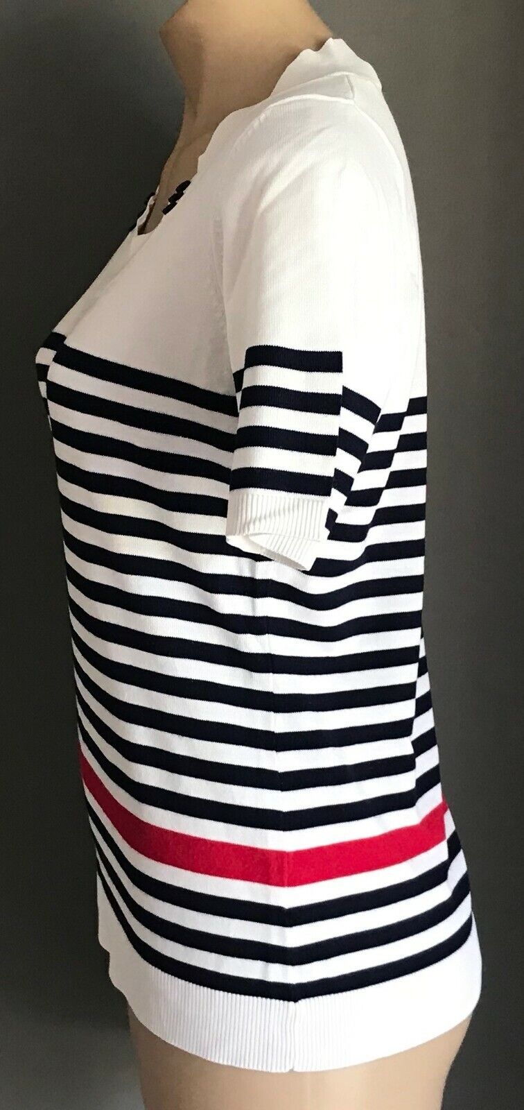 REGATTA Knit Top White Blue Red Stripe Short Sleeve Buttons Nautical 10 1970's