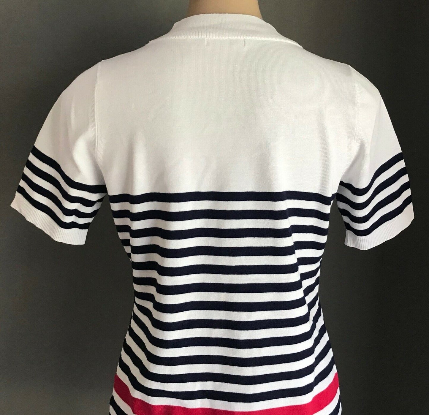 REGATTA Knit Top White Blue Red Stripe Short Sleeve Buttons Nautical 10 1970's