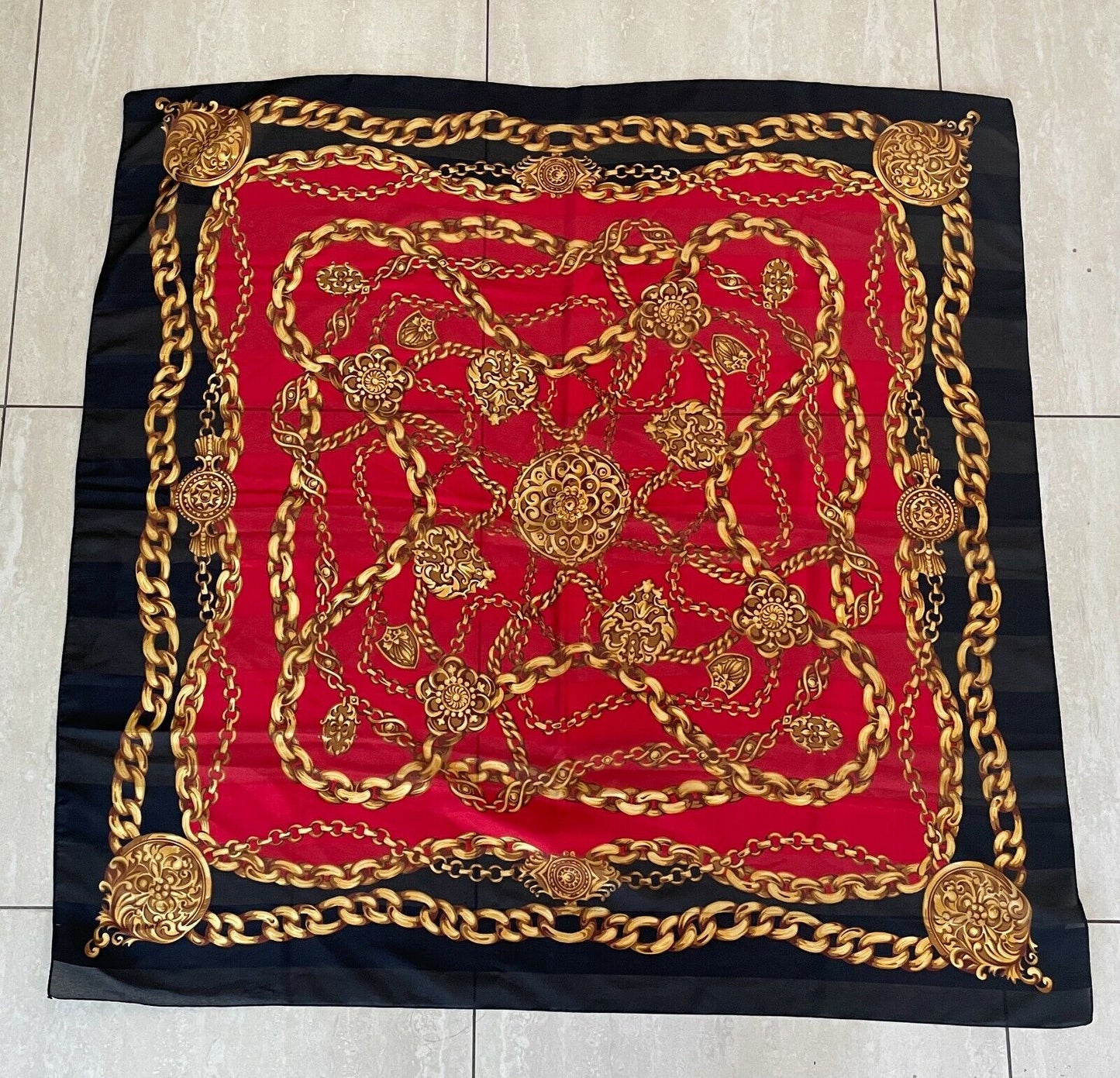 REGATTA Scarf Satiny Red Gold Black Chain & Charm Print Made in Italy  Stunning!