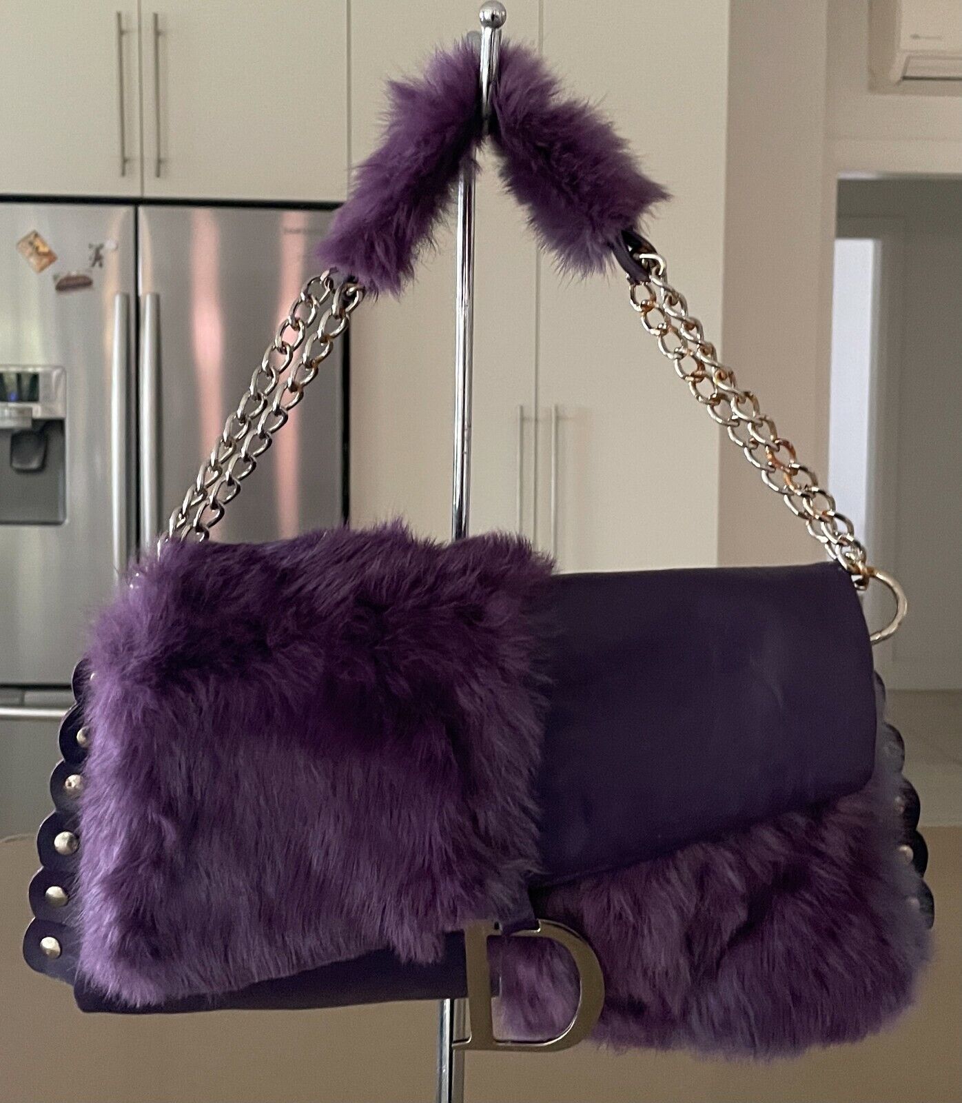SES Purple Fur Trim Pleather Shoulder Bag Clutch  Short Chain Strap Handbag NEW