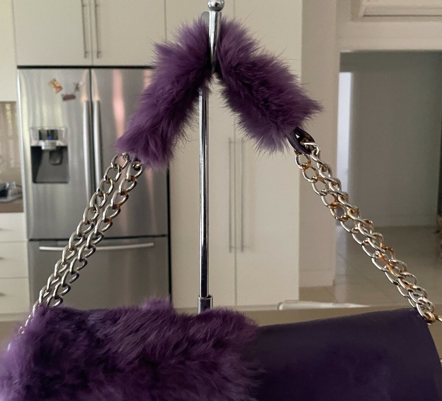 SES Purple Fur Trim Pleather Shoulder Bag Clutch  Short Chain Strap Handbag NEW